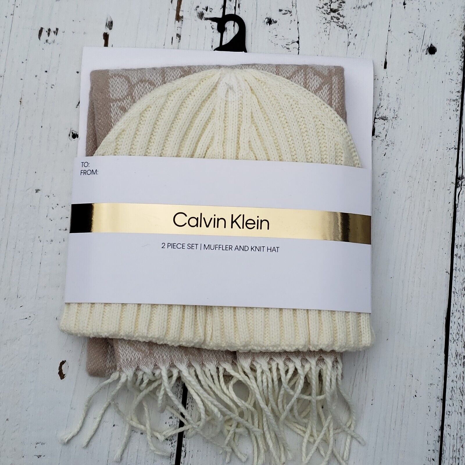 Calvin Klein Womens One Size Soft Eggshell White Beanie Hat W Scarf Set New